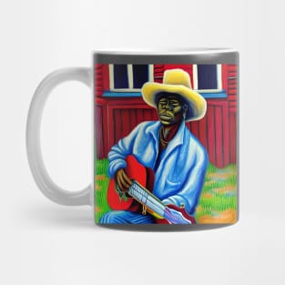 An artistic impression of a blues musician from the Mississippi delta playing guitar. Mug